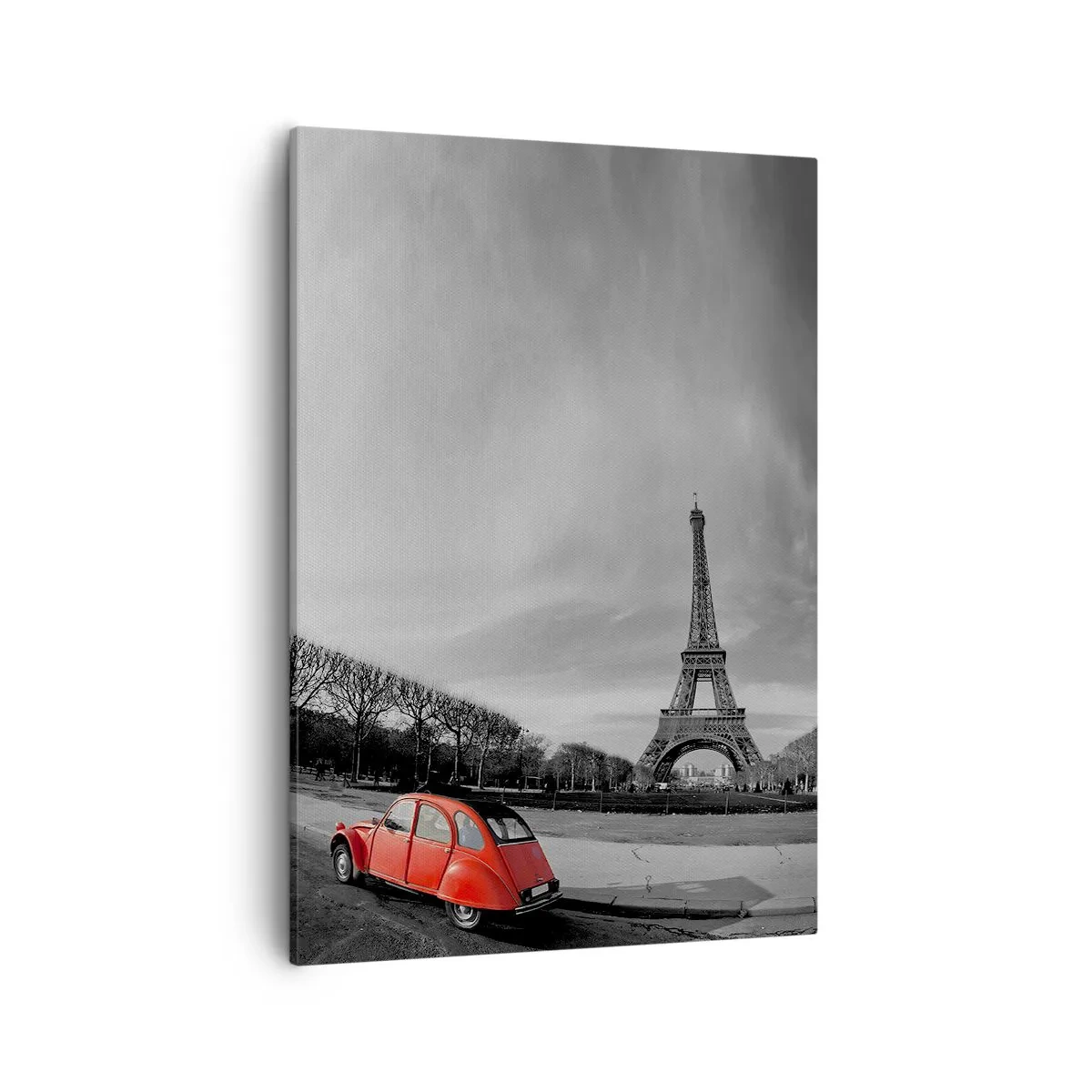 Impression sur toile - Image sur toile - Une voiture rouge avec la Tour Eiffel en arrière-plan dans un paysage en noir et blanc - 50x70cm - Plus parisien que Paris lui-même - Décoration murale moderne pour le salon et la chambre ARTTOR
