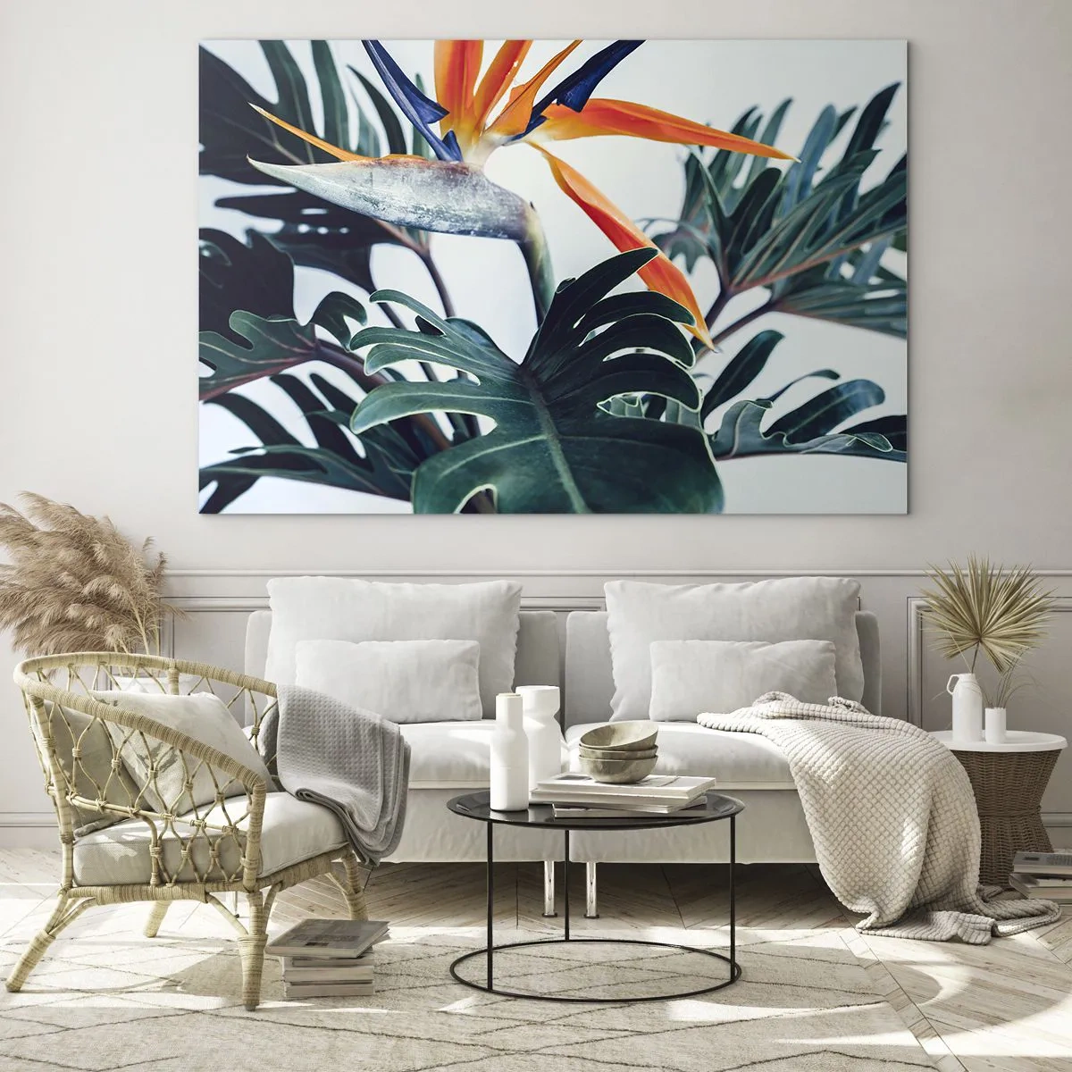 Impression sur verre - Image sur verre - Plante exotique avec fleur d'oiseau de paradis - 100x70cm - Le buisson oiseaux - Décoration murale moderne pour le salon et la chambre ARTTOR