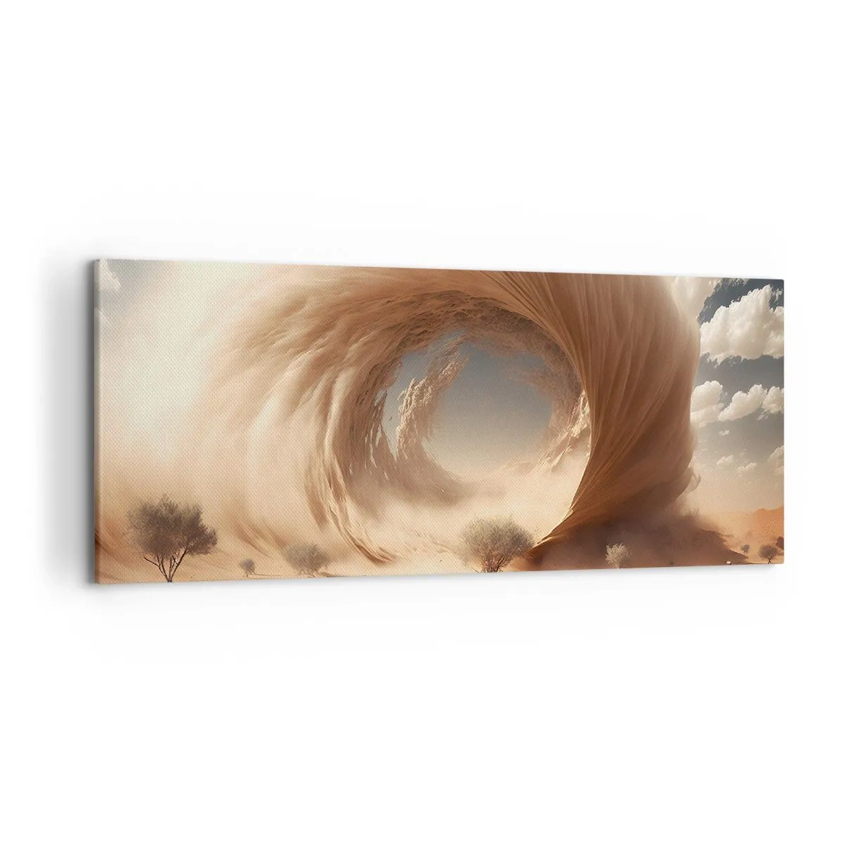Impression sur toile - Image sur toile - Tourbillon de sable dynamique dans un désert avec des arbres - 120x50cm - Portail ouvert - Décoration murale moderne pour le salon et la chambre ARTTOR