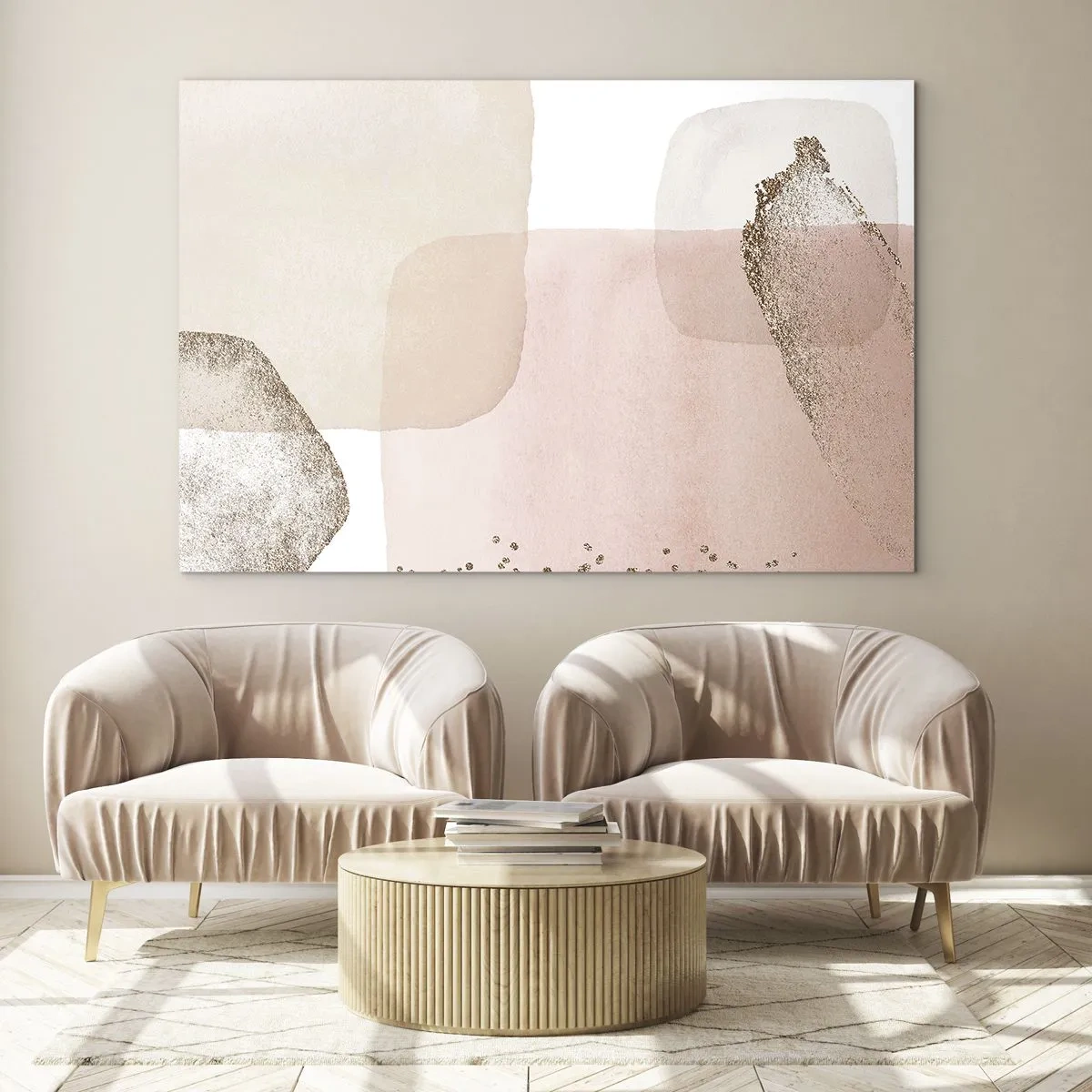 Impression sur verre - Image sur verre - Une composition abstraite dans les tons de rose, beige et or. - 70x50cm - Regard à travers la couleur - Décoration murale moderne pour le salon et la chambre ARTTOR