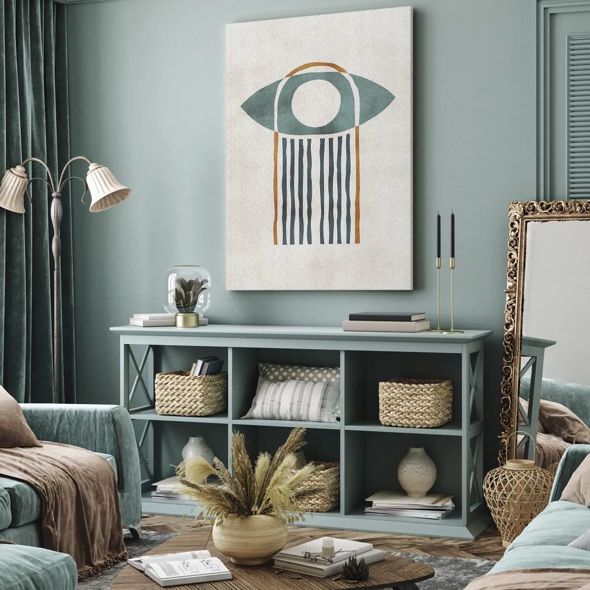 Impression sur toile - Image sur toile - Motif géométrique dans les tons de vert et d'orange - 80x120cm - Signes et rituels - Décoration murale moderne pour le salon et la chambre ARTTOR