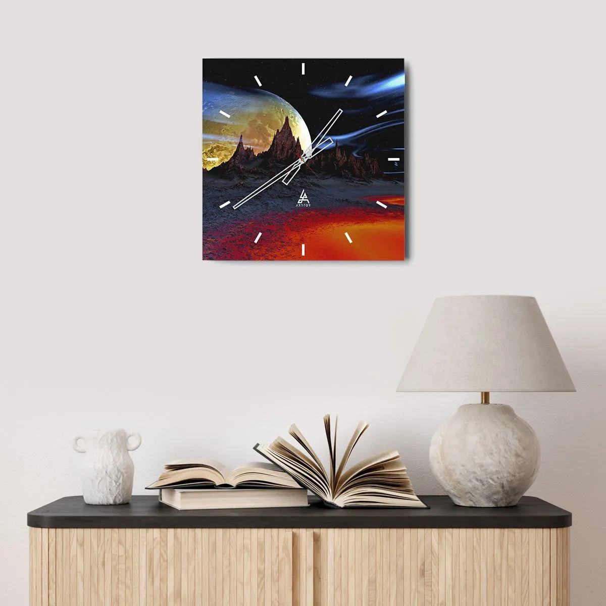 Horloge murale - Pendule murale - Un paysage fantastique avec des planètes et des paysages volcaniques - 30x30cm - Monde inconnu - Décoration murale moderne pour le salon et la chambre ARTTOR