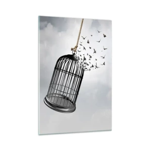 Impression sur verre - Image sur verre - Des oiseaux s'envolent d'une cage dans le ciel - 80x120cm - Foie...Espoir...Liberté! - Décoration murale moderne pour le salon et la chambre ARTTOR