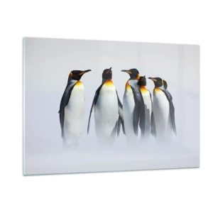 Impression sur verre - Image sur verre - Un groupe de pingouins dans un paysage hivernal - 120x80cm - Rencontre en robes de soirée - Décoration murale moderne pour le salon et la chambre ARTTOR