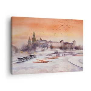 Impression sur toile - Image sur toile - Coucher de soleil sur le château dans un paysage hivernal - 70x50cm - Coucher de soleil royal - Décoration murale moderne pour le salon et la chambre ARTTOR
