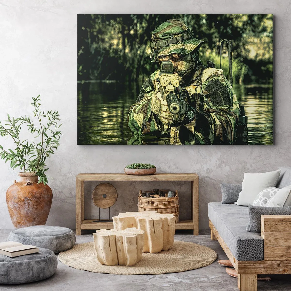 Impression sur toile - Image sur toile - Un soldat en tenue de camouflage vise à travers l'eau. - 100x70cm - Le meilleur des meilleurs - Décoration murale moderne pour le salon et la chambre ARTTOR