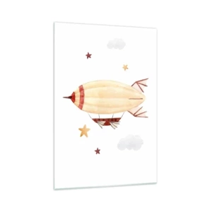 Impression sur verre - Image sur verre - Un dirigeable peint à la main sur fond d'étoiles - 70x100cm - Dirigeable - Décoration murale moderne pour le salon et la chambre ARTTOR