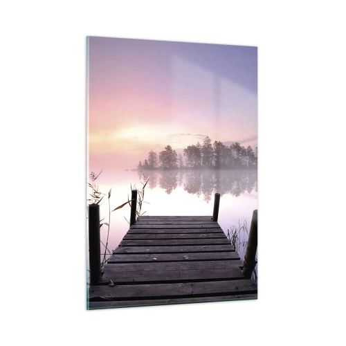 Impression sur verre - Image sur verre - Une jetée au lever du soleil sur un lac calme - 50x70cm - De la brume lilas… - Décoration murale moderne pour le salon et la chambre ARTTOR