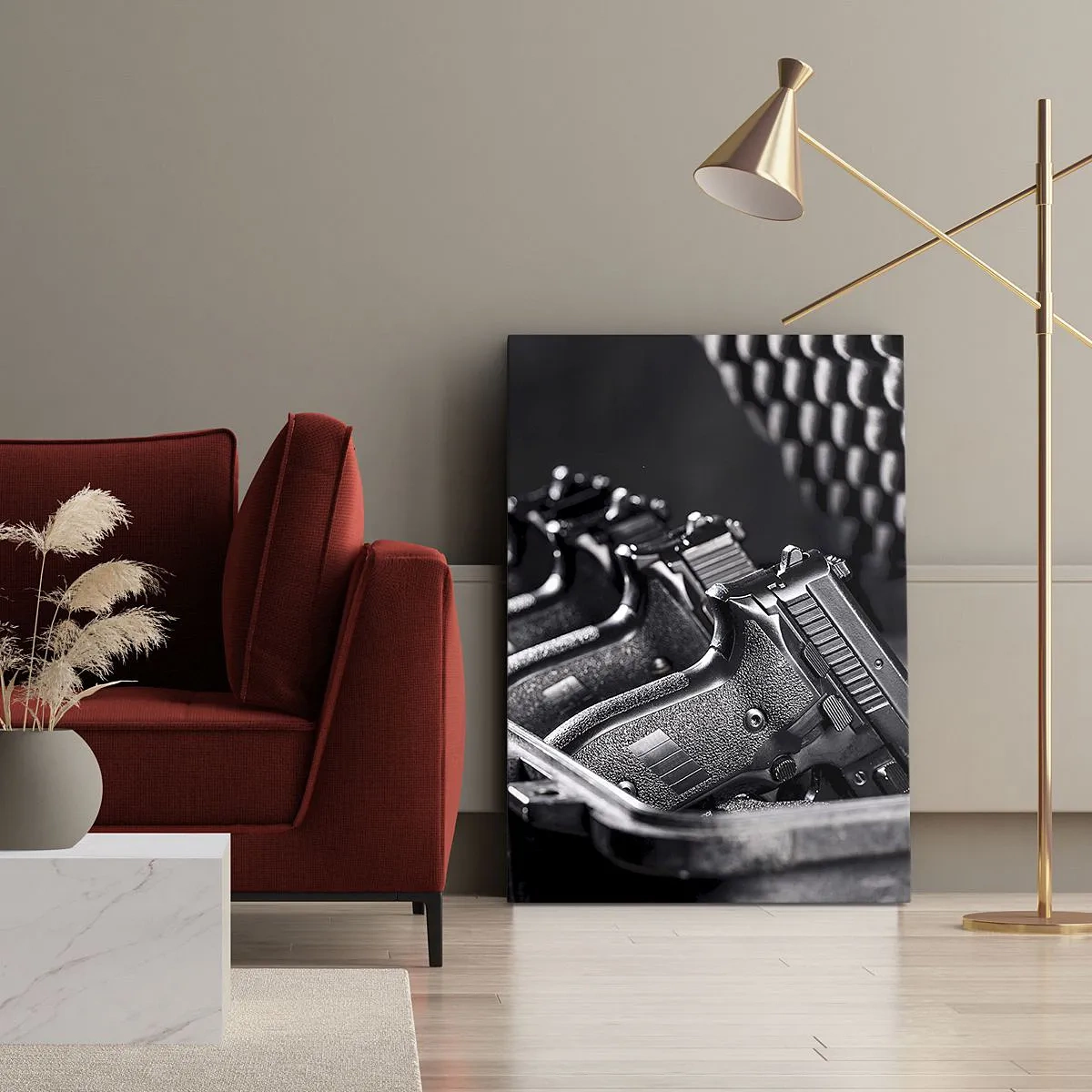 Impression sur toile - Image sur toile - Une image en noir et blanc d'une pile d'armes dans une valise. - 50x70cm - Sport masculin - Décoration murale moderne pour le salon et la chambre ARTTOR