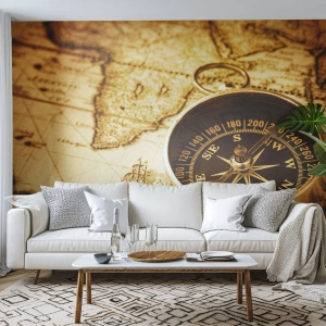 Papier Peint Photo Premium Sand - Une boussole sur un vieux fond de carte sépia - 100x70cm - Est ou ouest? - Décoration murale moderne pour le salon et la chambre ARTTOR