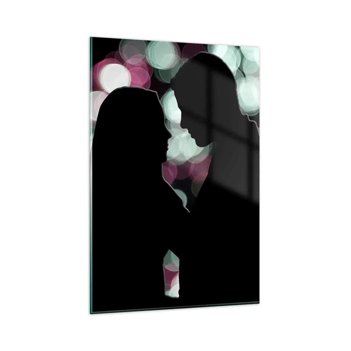 Impression sur verre - Image sur verre - Silhouettes d'un couple sur fond de lumières bokeh colorées - 80x120cm - Oui! - Décoration murale moderne pour le salon et la chambre ARTTOR