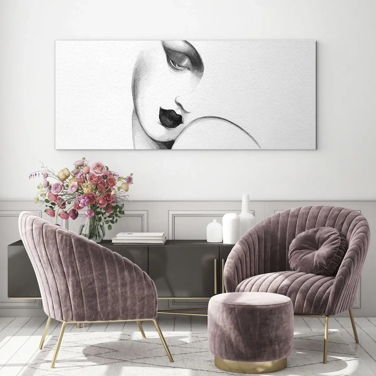 Impression sur verre - Image sur verre - Un portrait subtil d'une femme dans un style monochrome - 140x50cm - Dans le style de Lempicka - Décoration murale moderne pour le salon et la chambre ARTTOR