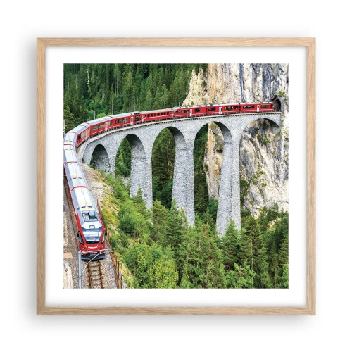 Affiche dans un chêne clair - Poster - Chemin de fer avec vue sur la montagne - 50x50 cm