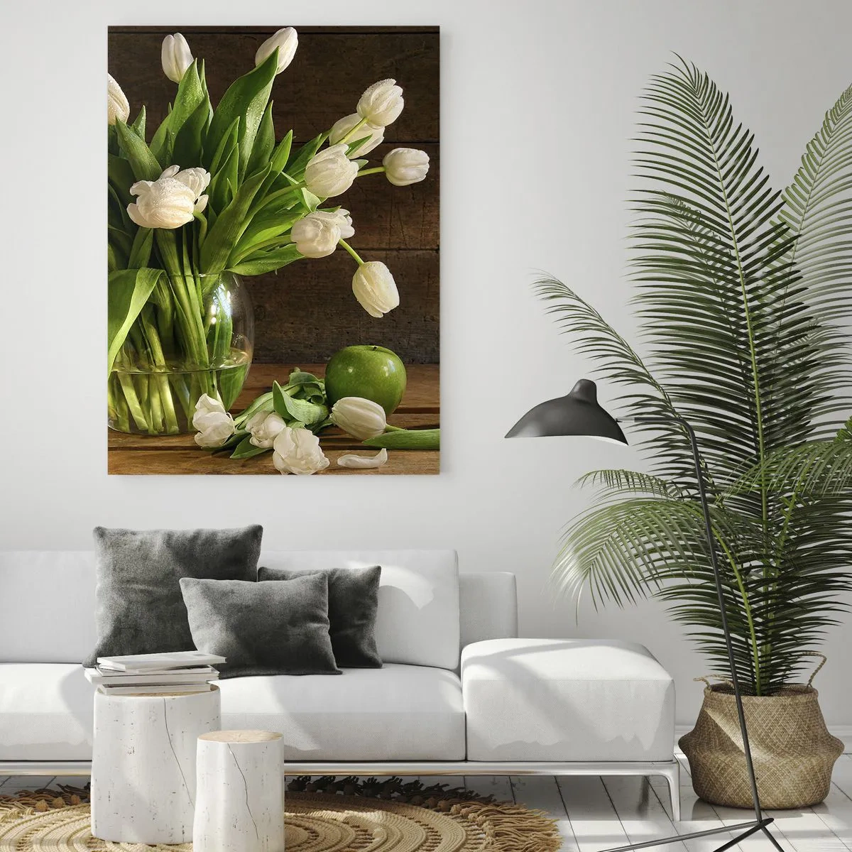Impression sur verre - Image sur verre - Un vase de tulipes blanches et de pommes vertes sur une table en bois - 50x70cm - Juteux et frais en vert et blanc - Décoration murale moderne pour le salon et la chambre ARTTOR