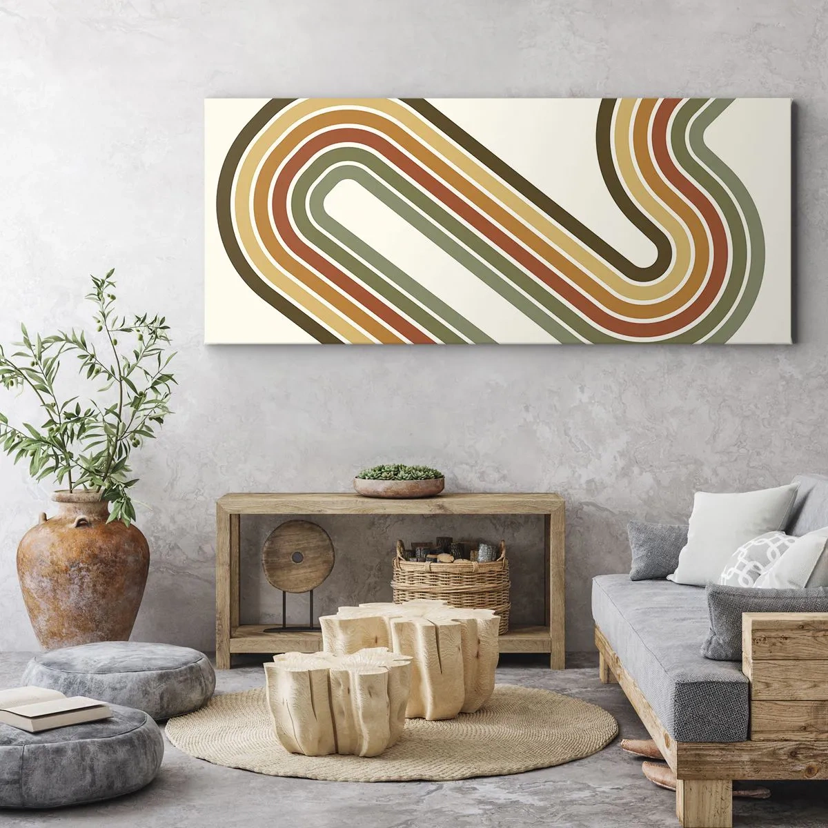 Impression sur toile - Image sur toile - Motif géométrique dans les tons de vert, orange et beige sur fond clair - 120x50cm - En zig zag vers le but - Décoration murale moderne pour le salon et la chambre ARTTOR