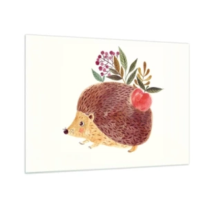 Impression sur verre - Image sur verre - Un hérisson de dessin animé avec une pomme et des brindilles sur le dos - 70x50cm - Et tu m’apprécies déjà - Décoration murale moderne pour le salon et la chambre ARTTOR