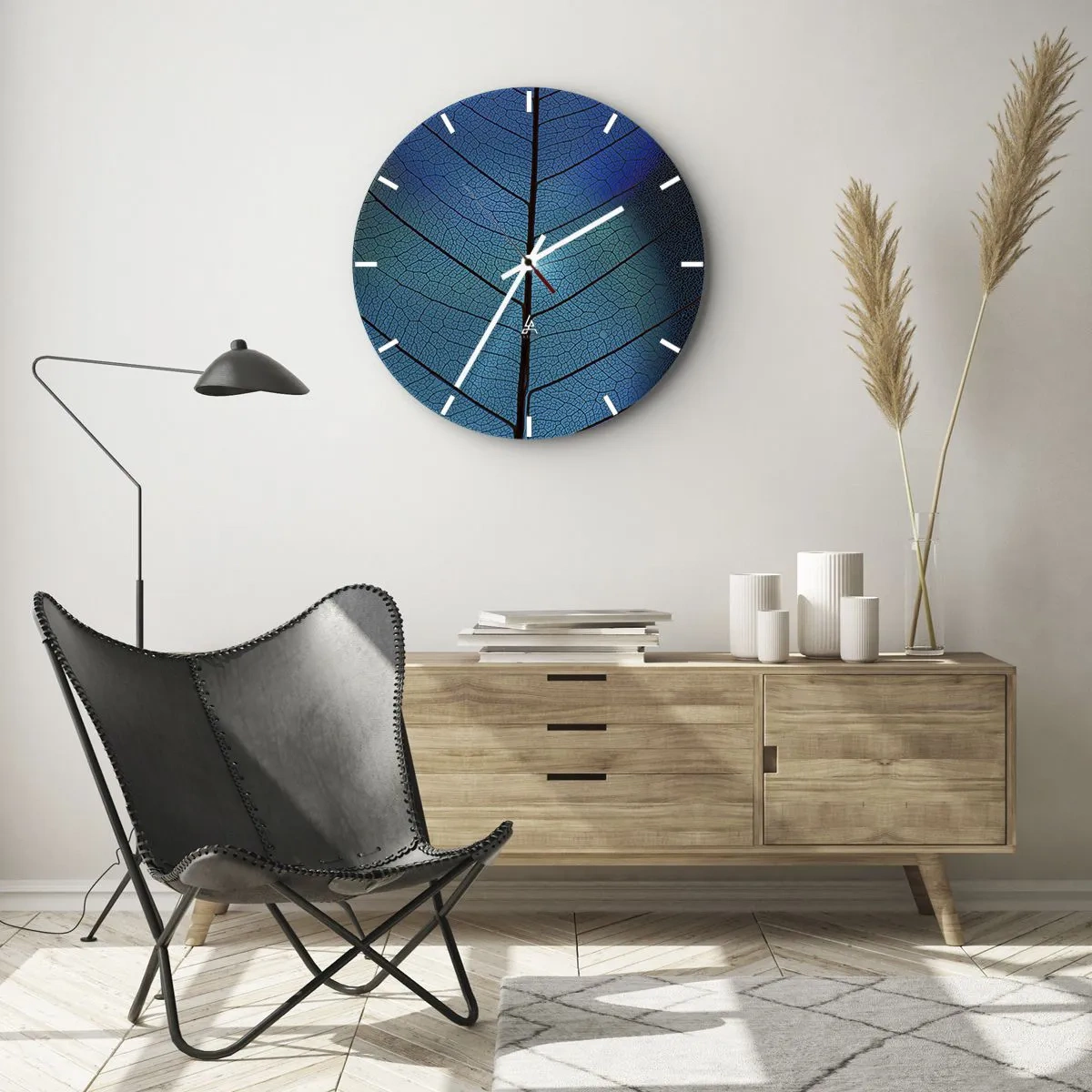 Horloge murale - Pendule murale - Gros plan de la structure de la feuille dans les tons de bleu et de noir - 30x30cm - Construction complexe - Décoration murale moderne pour le salon, la cuisine et la chambre ARTTOR