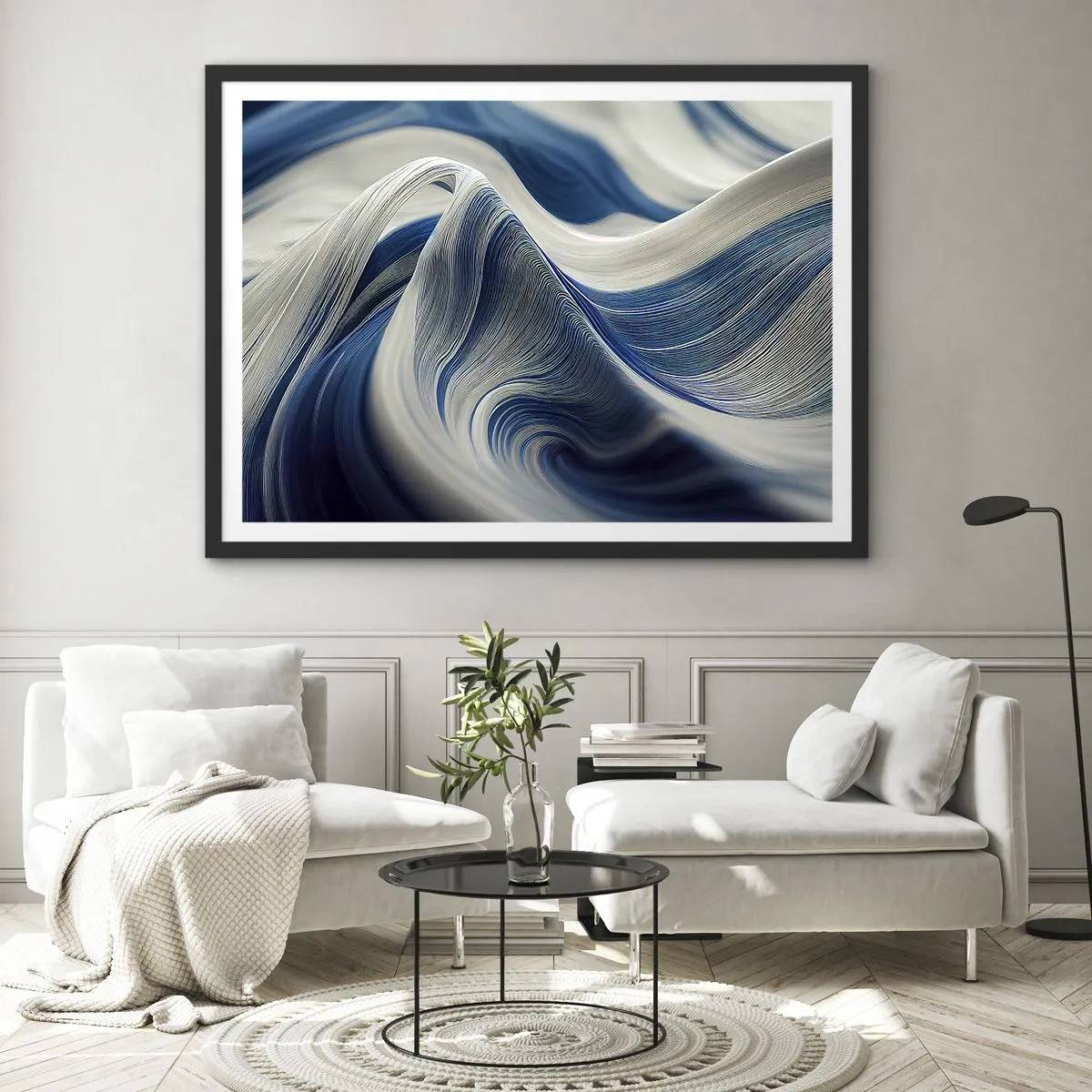 Affiche dans un cadre noir - Poster - Vagues abstraites dans des tons de bleu et de blanc - 70x50cm - La fluidité du bleu et du blanc - Décoration murale moderne pour le salon et la chambre ARTTOR