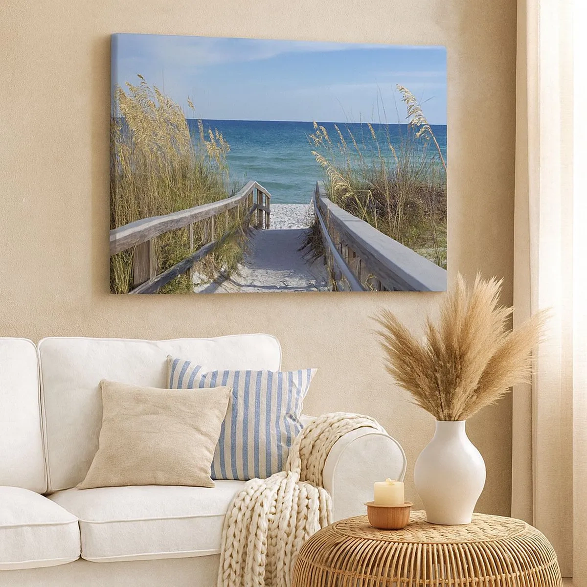 Impression sur toile - Image sur toile - Chemin vers la plage avec vue sur la mer - 70x50cm - Au soleil, sous le vent - Décoration murale moderne pour le salon et la chambre ARTTOR