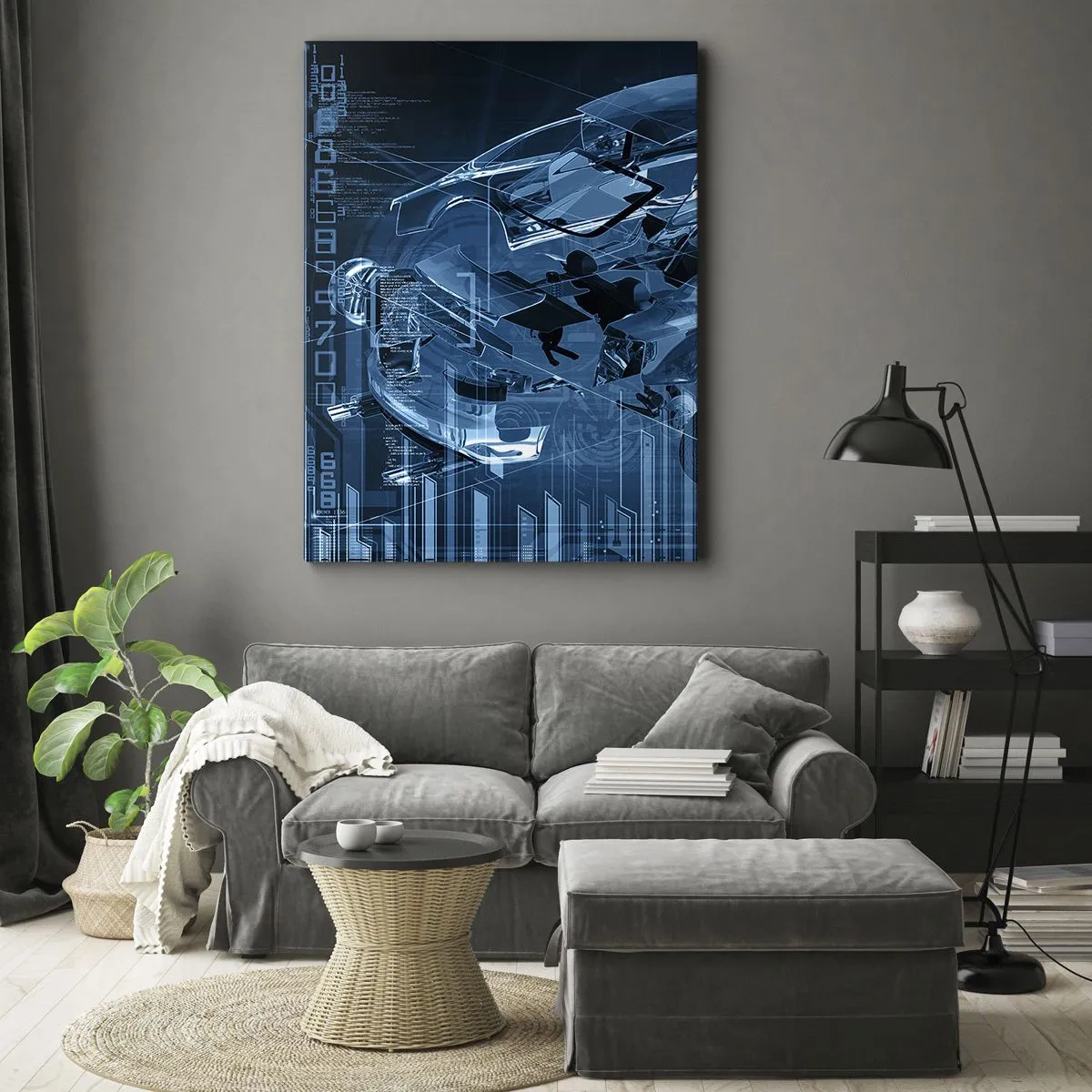 Impression sur toile - Image sur toile - Un dessin technique moderne d'une voiture avec des éléments structurels - 70x100cm - Anatomie de l'ingénierie - Décoration murale moderne pour le salon et la chambre ARTTOR