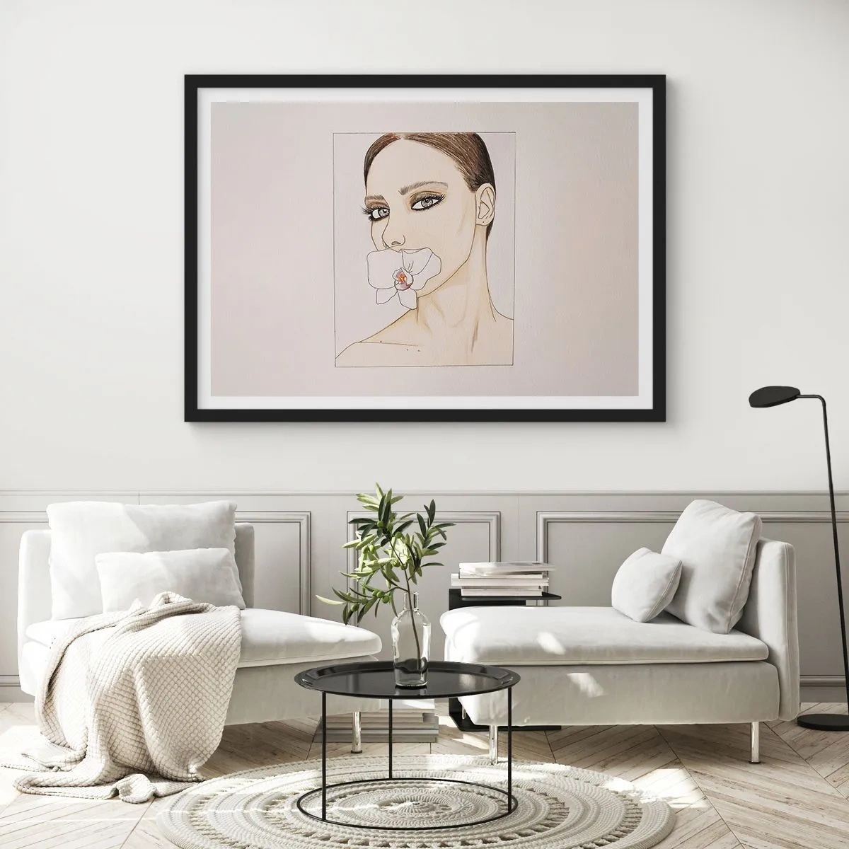 Affiche dans un cadre noir - Poster - Portrait d'une femme avec une orchidée aux couleurs délicates - 100x70cm - Symbole de l'élégance et de la beauté - Décoration murale moderne pour le salon et la chambre ARTTOR