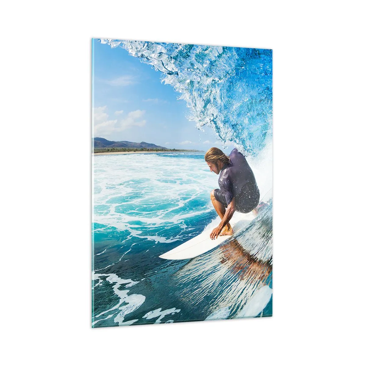Impression sur verre - Image sur verre - Surfeur dans un tunnel d'eau avec l'océan en arrière-plan - 50x70cm - Danse avec les vagues - Décoration murale moderne pour le salon et la chambre ARTTOR