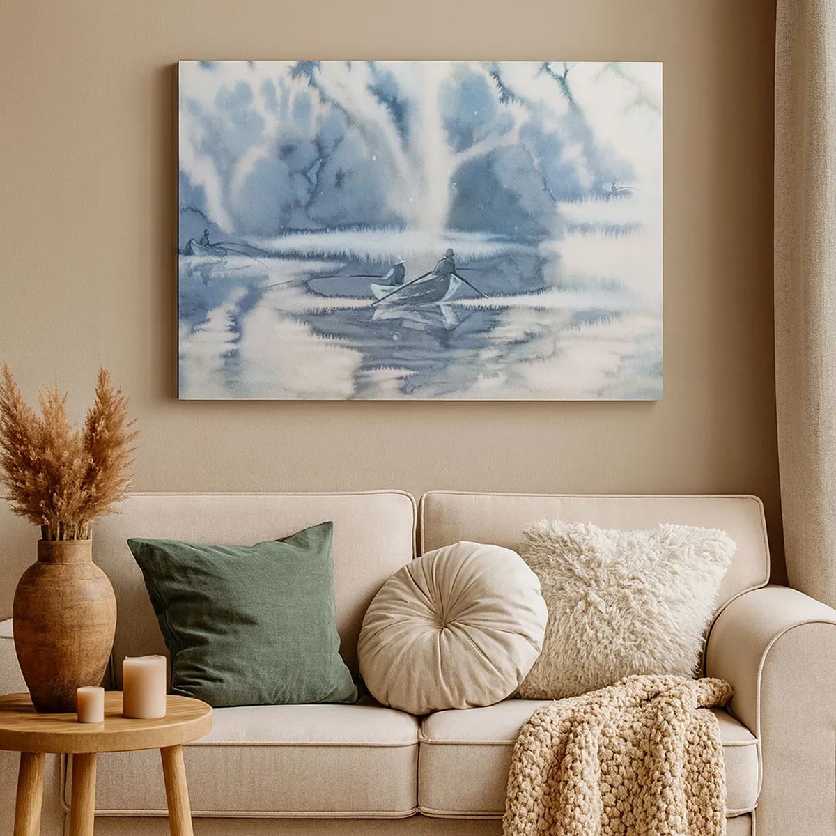 Impression sur toile - Image sur toile - Paysage à l'aquarelle avec des bateaux sur un lac entouré d'une forêt brumeuse - 70x50cm - Les pêcheurs dans leur paradis - Décoration murale moderne pour le salon et la chambre ARTTOR