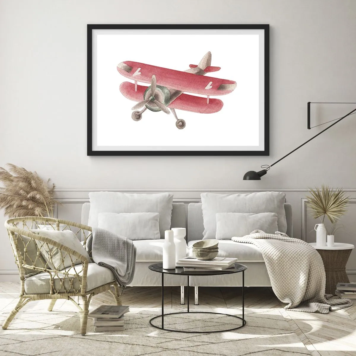 Affiche dans un cadre noir - Poster - Avion rétro rouge sur fond blanc - 70x50cm - Prêt pour les hauts vols - Décoration murale moderne pour le salon et la chambre ARTTOR