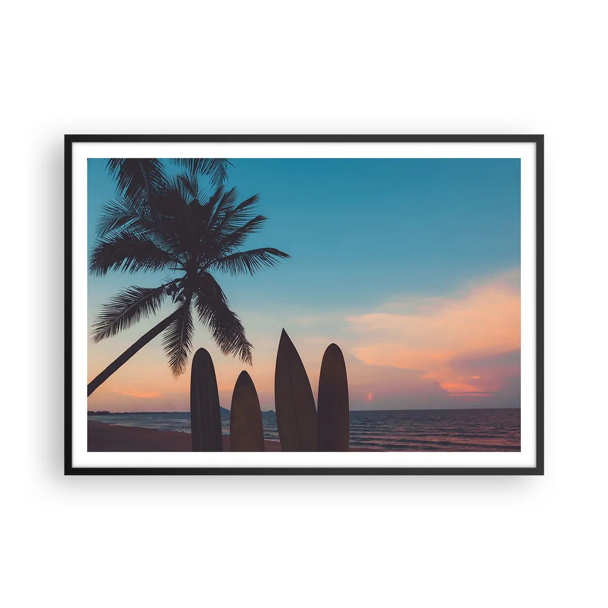 Affiche dans un cadre noir - Poster - Planches de surf sur fond de palmier et de coucher de soleil - 100x70cm - Demain sera amusant aussi - Décoration murale moderne pour le salon et la chambre ARTTOR