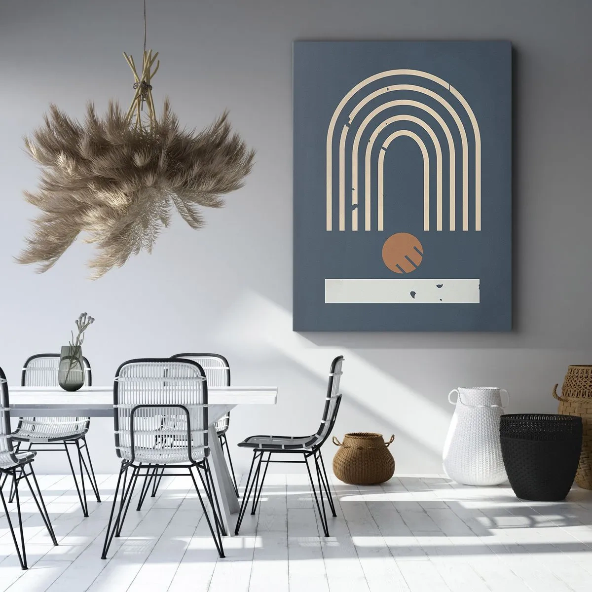 Impression sur toile - Image sur toile - Motif géométrique dans les tons bleu marine, beige et orange sur fond sombre - 50x70cm - Géométrie sur la grenade - Décoration murale moderne pour le salon et la chambre ARTTOR