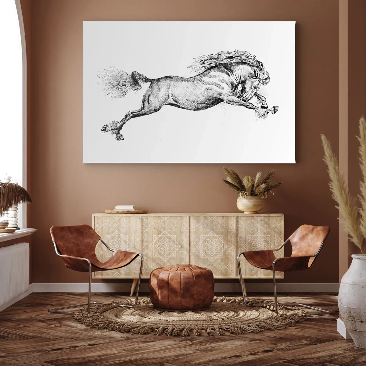 Impression sur toile - Image sur toile - Croquis d'un cheval au galop dynamique sur fond blanc - 70x50cm - Immortalisé au galop - Décoration murale moderne pour le salon et la chambre ARTTOR