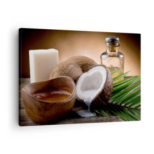 Impression sur toile - Image sur toile - Noix de coco, bougie et huile sur fond de bois - 70x50cm - Santé des îles tropicales - Décoration murale moderne pour le salon et la chambre ARTTOR