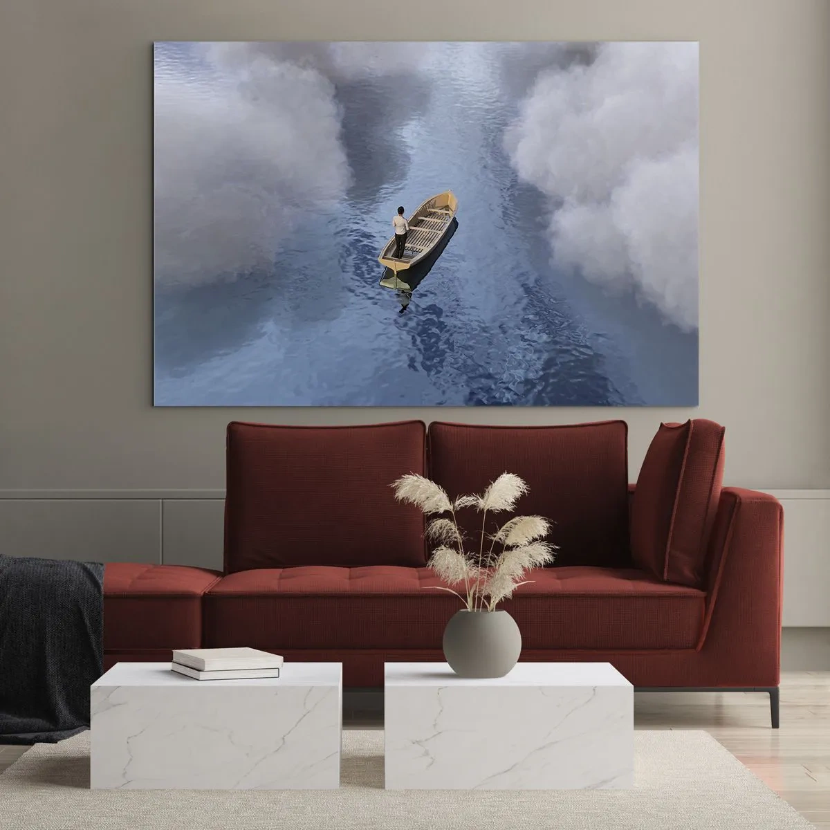 Impression sur verre - Image sur verre - Un homme dans un bateau naviguant sur l'eau parmi les nuages - 120x80cm - Vie – voyage – inconnu - Décoration murale moderne pour le salon et la chambre ARTTOR