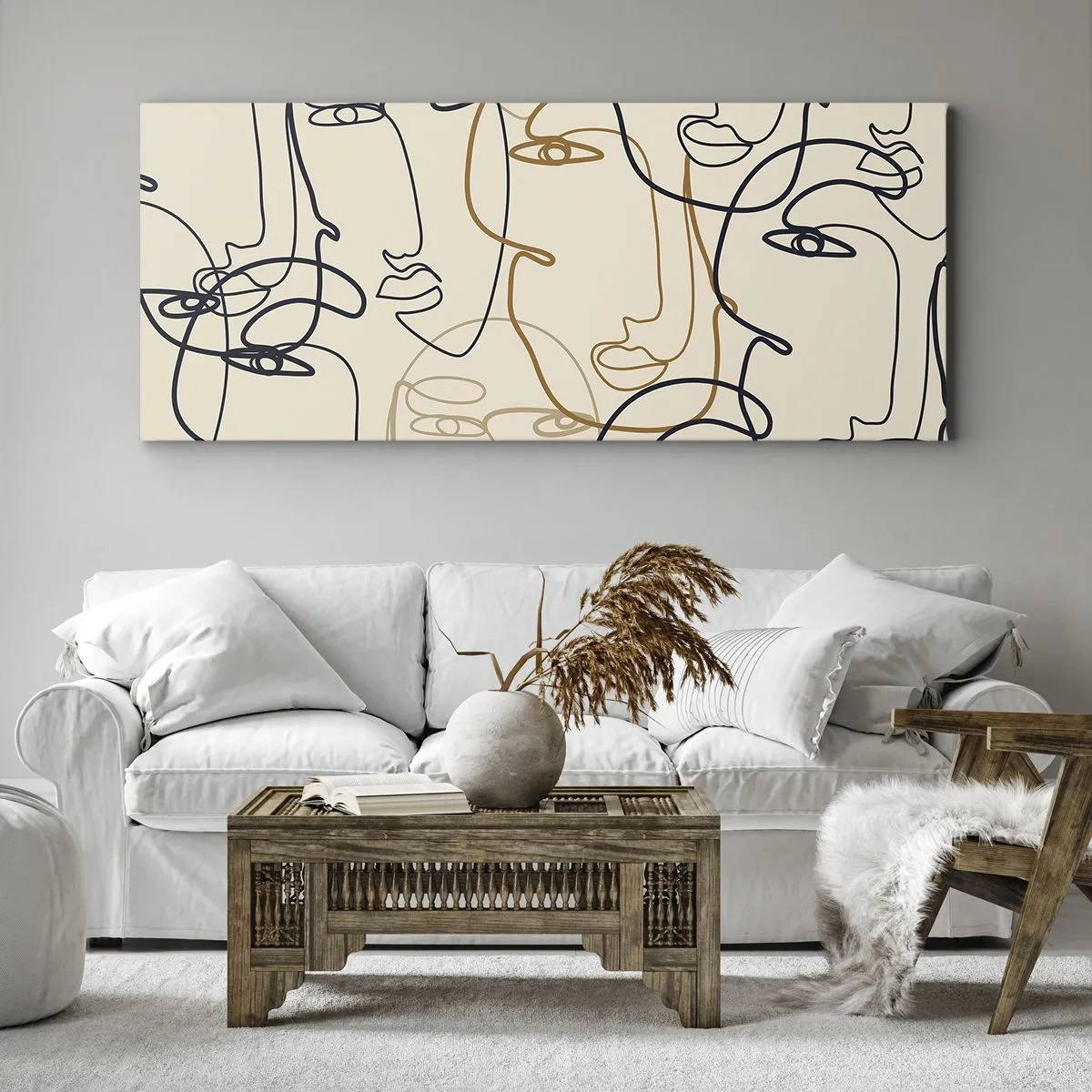 Impression sur toile - Image sur toile - Visages minimalistes au trait sur fond clair - 160x50cm - Portrait multiplié - Décoration murale moderne pour le salon et la chambre ARTTOR