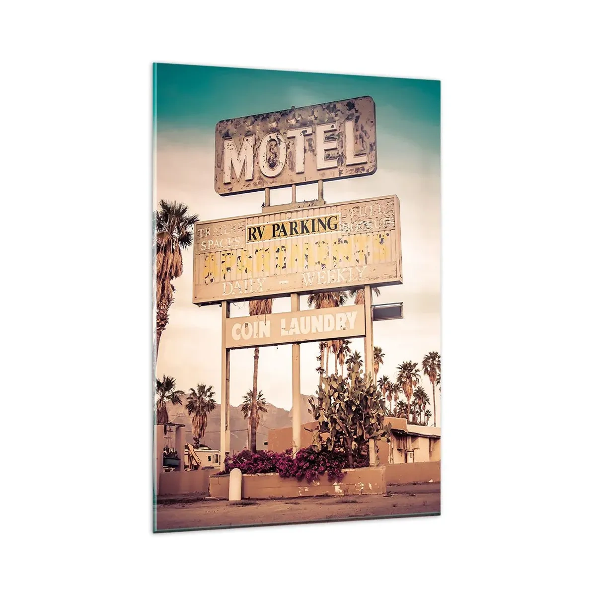 Impression sur verre - Image sur verre - Panneau de motel rétro entouré de palmiers - 80x120cm - Ici, le temps s'est arrêté - Décoration murale moderne pour le salon et la chambre ARTTOR
