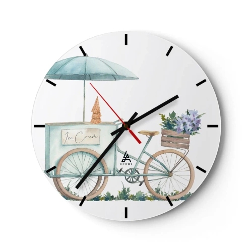 Horloge murale - Pendule murale - Un vélo avec de la glace et des fleurs à l'aquarelle pastel - 30x30cm - Doux souvenir d'été - Décoration murale moderne pour le salon, la cuisine et la chambre ARTTOR