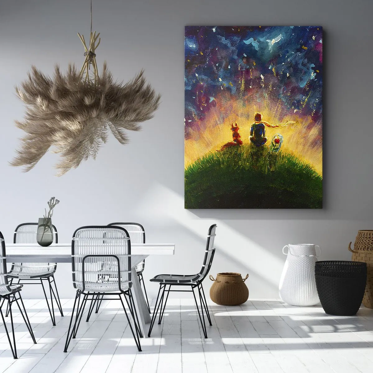 Impression sur toile - Image sur toile - Personnages sur une colline verdoyante entourée d'un ciel étoilé - 50x70cm - Amour et amitié - le monde entier - Décoration murale moderne pour le salon et la chambre ARTTOR