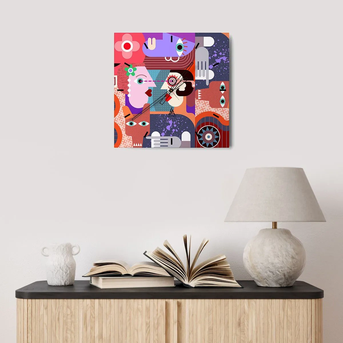 Horloge murale - Pendule murale - Figures abstraites aux couleurs vives - 30x30cm - Les yeux dans les yeux - Décoration murale moderne pour le salon et la chambre ARTTOR