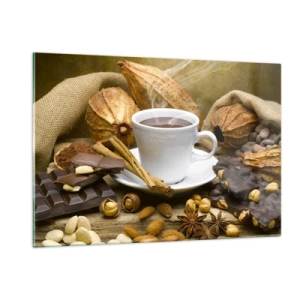 Impression sur verre - Image sur verre - Une tasse de chocolat chaud entourée de chocolat et d'épices - 120x80cm - Pour les amateurs de sensations fortes - Décoration murale moderne pour le salon et la chambre ARTTOR