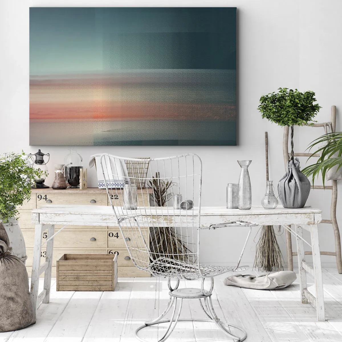 Impression sur toile - Image sur toile - Un coucher de soleil aux tons pastel sur un horizon calme - 120x80cm - Résumé : vagues de lumière - Décoration murale moderne pour le salon et la chambre ARTTOR
