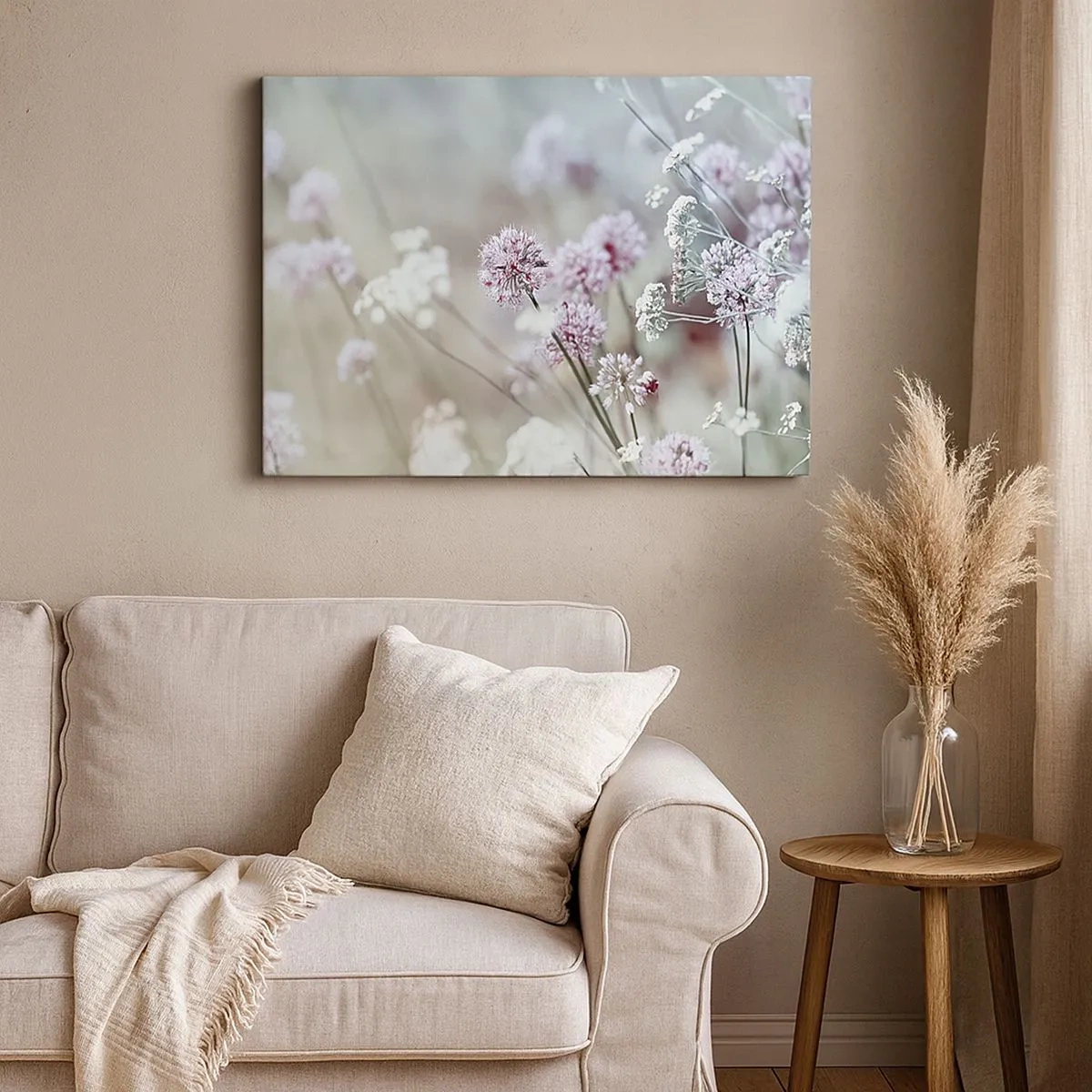 Impression sur toile - Image sur toile - Fleurs délicates aux tons pastel - 70x50cm - Herbes douces en filigrane - Décoration murale moderne pour le salon et la chambre ARTTOR