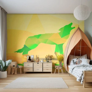Papier Peint Photo Premium Sand - Silhouette géométrique d'un loup sur fond jaune - 100x70cm - Loup solitaire - Décoration murale moderne pour le salon et la chambre ARTTOR