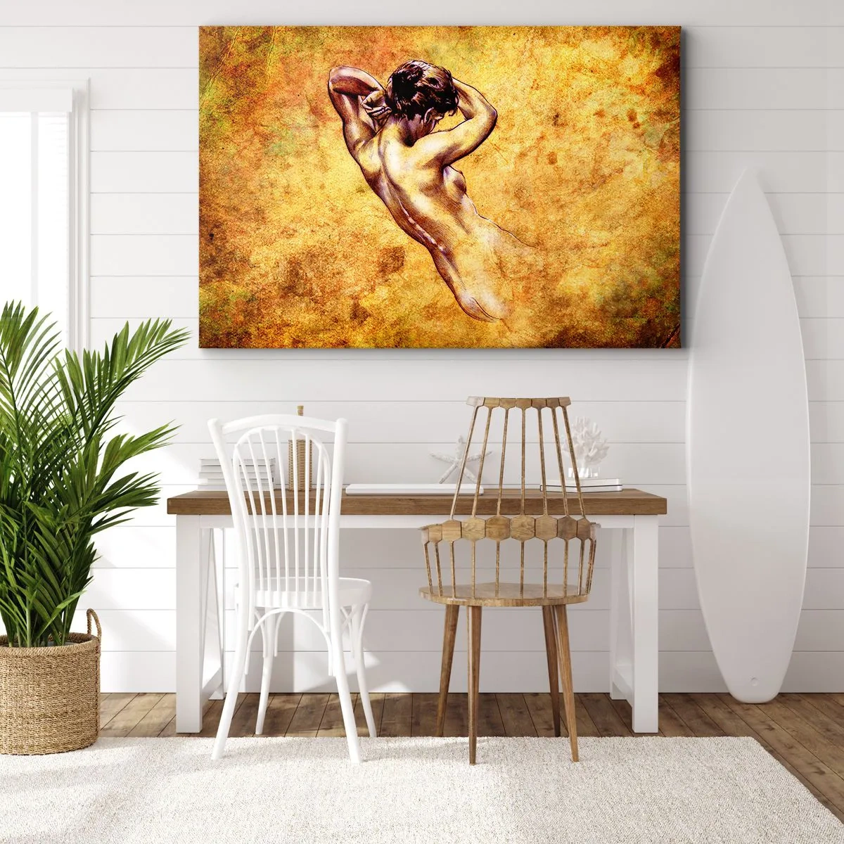 Impression sur toile - Image sur toile - Nu féminin artistique sur fond doré dans un style classique - 120x80cm - Découverte, mais toujours mystèrieuse - Décoration murale moderne pour le salon et la chambre ARTTOR