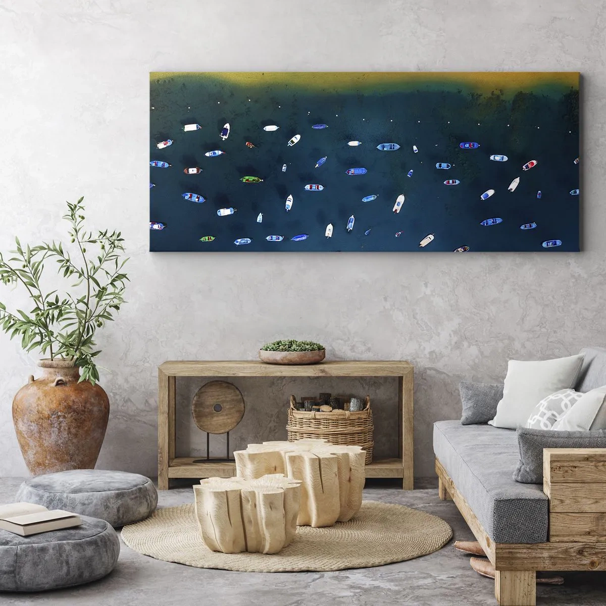 Impression sur toile - Image sur toile - Vue aérienne de bateaux sur l'eau et d'un rivage sablonneux - 120x50cm - Jeu de vacances - Décoration murale moderne pour le salon et la chambre ARTTOR