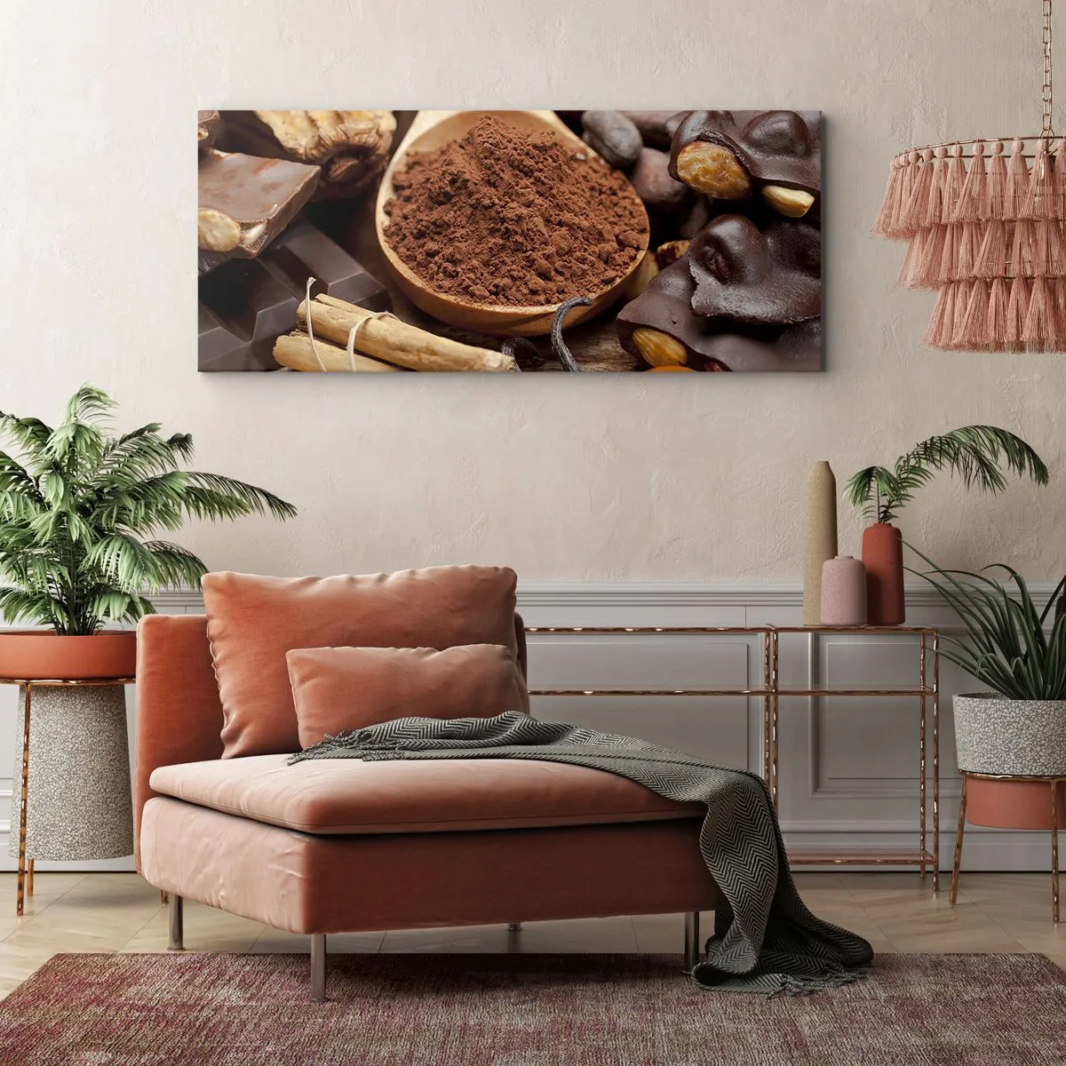Impression sur toile - Image sur toile - Une cuillerée d'ingrédients à base de cacao et de chocolat dans un arrangement rustique - 140x50cm - La meilleure pour les chagrins - Décoration murale moderne pour le salon et la chambre ARTTOR