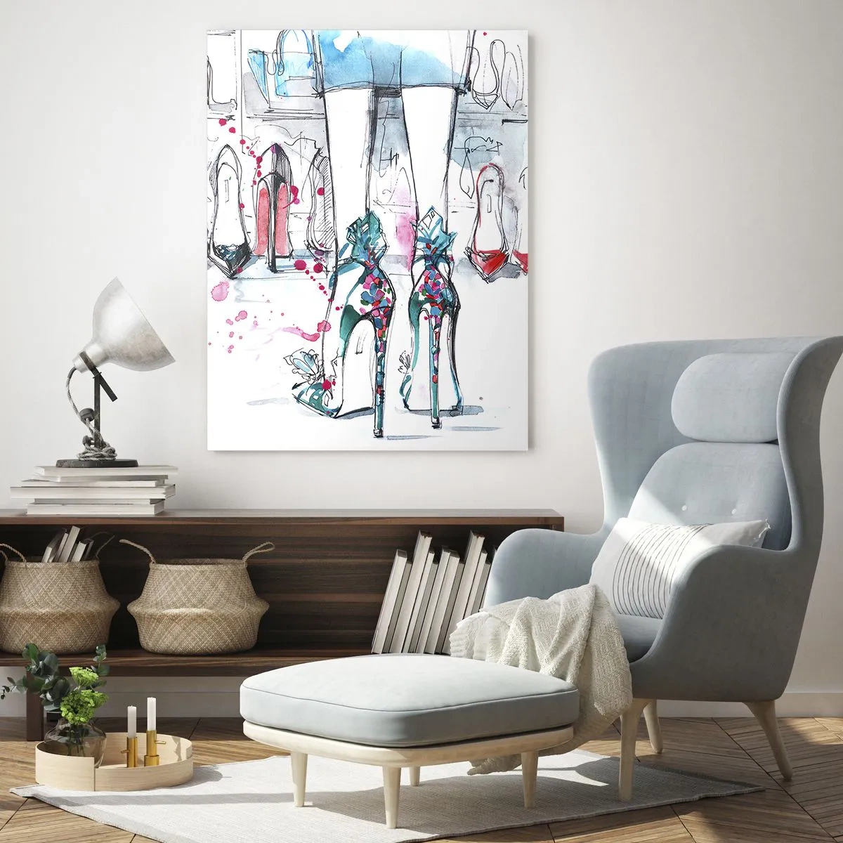 Impression sur verre - Image sur verre - Illustration de talons hauts élégants dans un magasin - 50x70cm - Sésame, ouvre-toi - Décoration murale moderne pour le salon et la chambre ARTTOR
