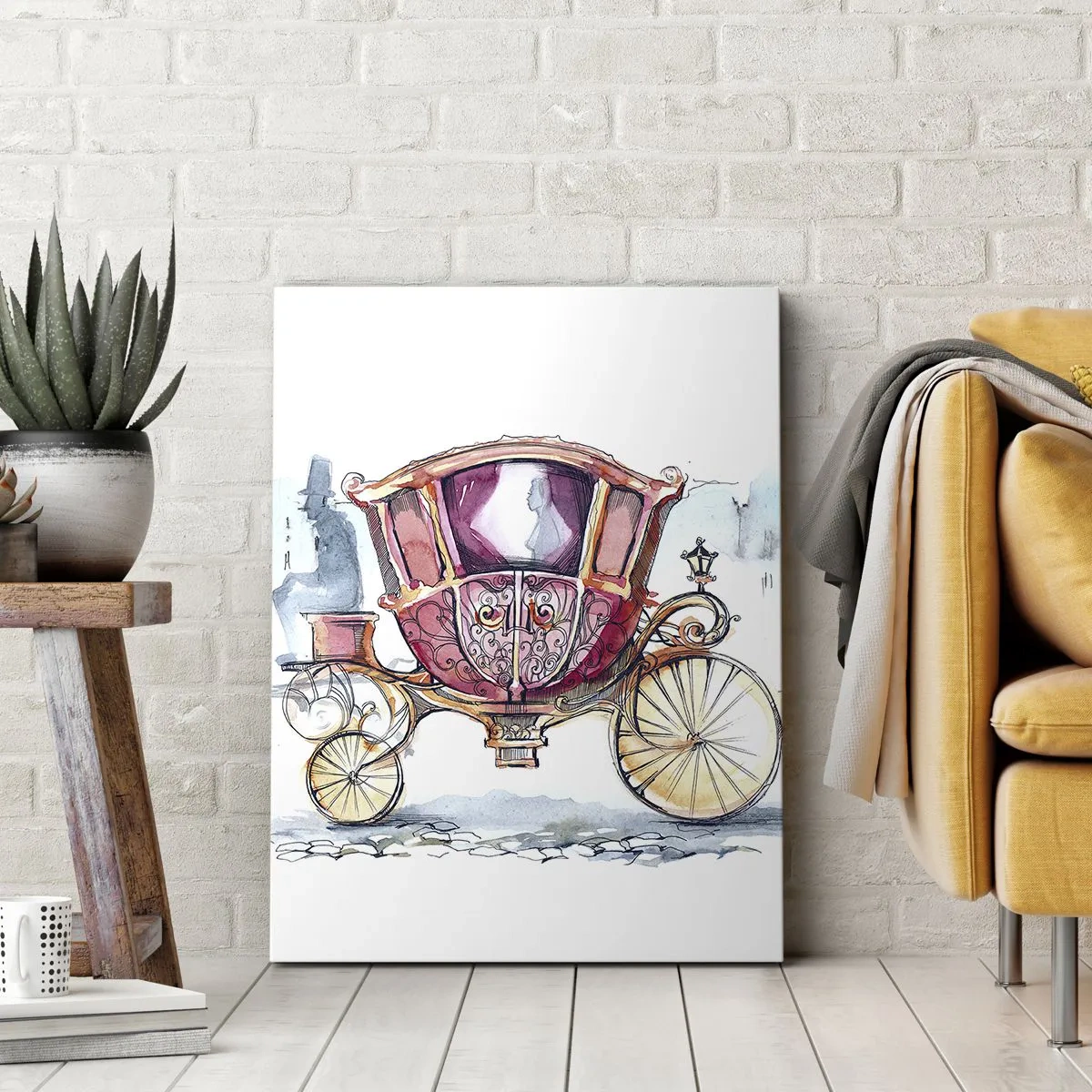 Impression sur toile - Image sur toile - Une illustration élégante d'une voiture ancienne aux couleurs pastel. - 50x70cm - À un mariage ou à un bal ? - Décoration murale moderne pour le salon et la chambre ARTTOR