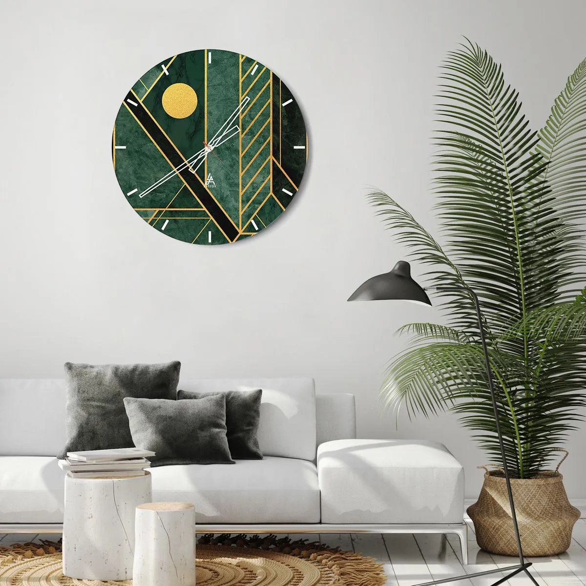 Horloge murale - Pendule murale - Fond vert avec des lignes géométriques dorées et un cercle doré - 30x30cm - Dynamique or et azur - Décoration murale moderne pour le salon, la cuisine et la chambre ARTTOR