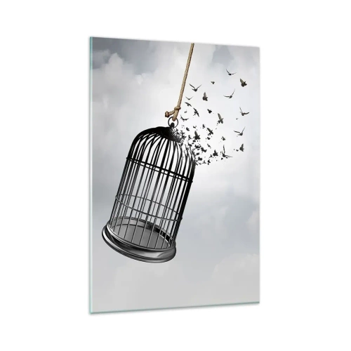 Impression sur verre - Image sur verre - Des oiseaux s'envolent d'une cage dans le ciel - 80x120cm - Foie...Espoir...Liberté! - Décoration murale moderne pour le salon et la chambre ARTTOR