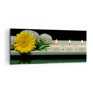 Impression sur toile - Image sur toile - Fleur jaune, bougies et pierres sur fond d'eau - 120x50cm - Apaisement des sens - Décoration murale moderne pour le salon et la chambre ARTTOR